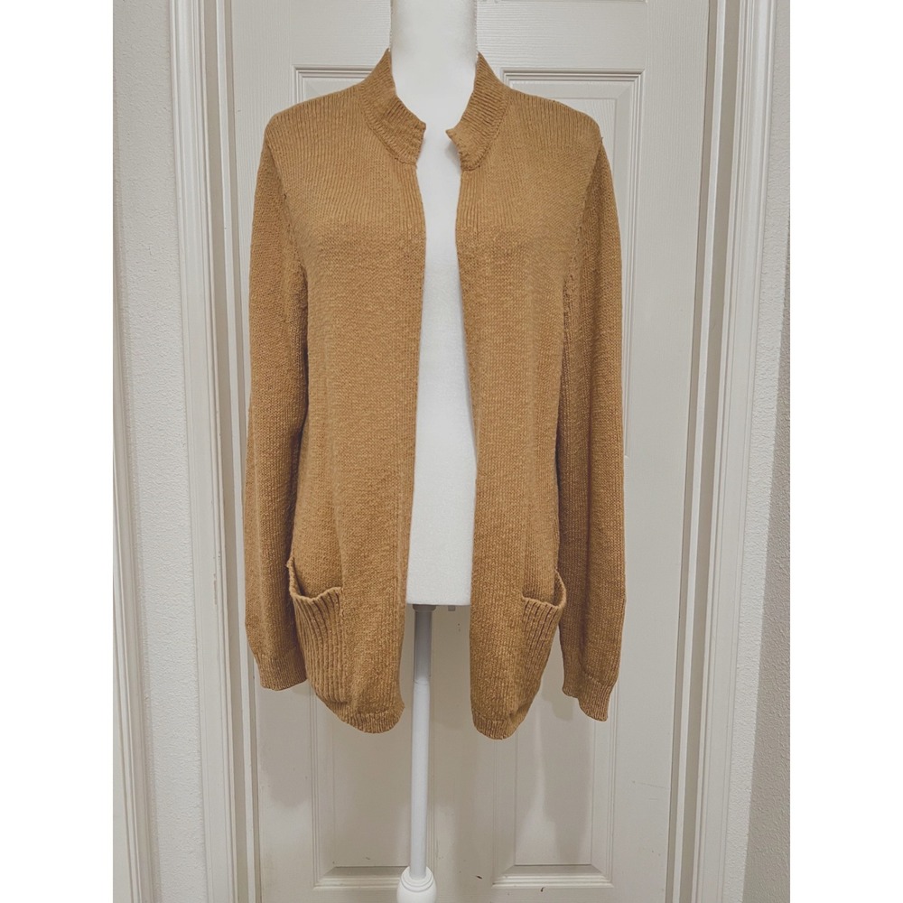 J. Jill Womens Camel Tan Cotton Knit Open Front Cardigan Sweater Pockets Large
